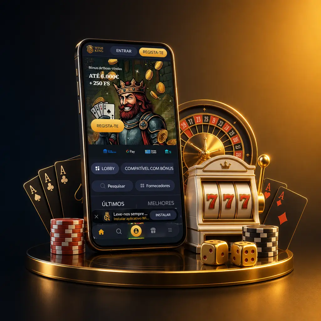 Lóbi de casino da app WishKing com slots, roleta, blackjack, póquer e mesas ao vivo organizadas por categorias.